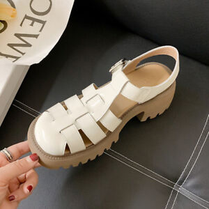 Womens Hollow Out Platform Thick Soled Leather T Strap Block Heel Sandal Shoes