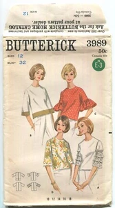 BLUSAS VINTAGE PATRÓN BUTTERICK 3989 MISSES TALLA 12 BUSTO 32" SIN CORTAR AÑOS 60 - Imagen 1 de 3