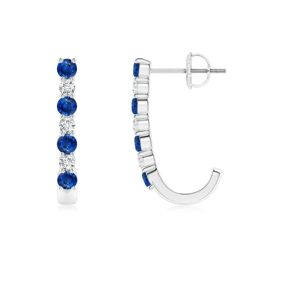 ANGARA 0.93 Ct Blue Sapphire and Diamond J-Hoop Earrings in 14K Solid Gold - Image 1 of 1
