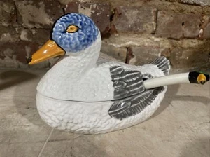 Bordallo Pinheiro Duck Shaped Soup Tureen w/ Ladle Bowl Majolica Portugal VTG - Picture 1 of 10