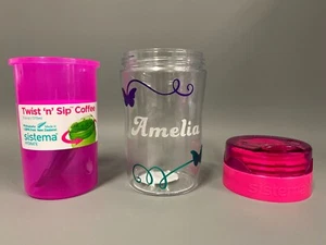 Brand New Personalised Name Pink Sistema 315ml Twist N Sip Coffee Travel Mug - Picture 1 of 3