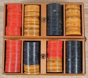 Vintage 1950er LOWE Catalin Bakelit Swirl Pokerspiel Chips rot grün Butterscotch - Bild 1 von 18