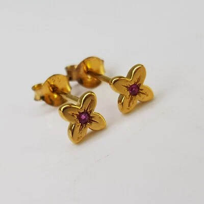 Gold Fill Sterling Silver Natural Ruby Flower Star Stud Earrings Engraved 5mm - Image 1 of 4