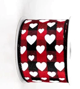 Valentine White Hearts 2.5" x 5 yards Wired Ribbon Red Black Buffalo Plaid - Picture 1 of 2