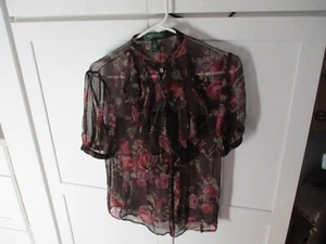 tunic shirt sheer ruffle floral bordeaux lauren ralph lauren 8 - Picture 1 of 2