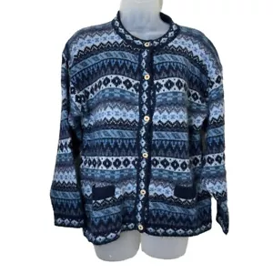 American South Side Damen Alpaka Strickjacke Medium Pullover blau Fair Isle Knöpfe - Bild 1 von 6