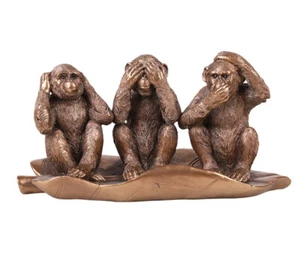 Three Truths of Man Monkey Hear See Speak No Evil on Banana Leaf Statue - Picture 1 of 5