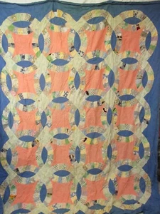 Vintage 1940's Quilt Top Double Wedding Ring blue sashes - Picture 1 of 15