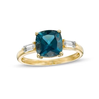 3Ct Cushion-Cut London Blue & White Topaz Engagement Ring 10K Yellow Gold Plated - Image 1 of 4