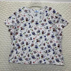 SB Scrubs Top Shirt Women's Size 2X Owl Print White Multicolor Print 3 Pocket - Picture 1 of 8