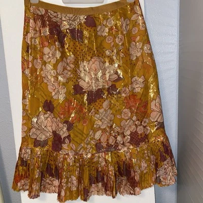 Tory Burch Silk Floral Skirt Size  10 Gold Threads Ruffle Golden Yellow Elodie - Image 1 of 4