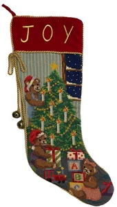 Wool Needlepoint Christmas Stocking Velvet Back JOY Tree Bears Gold Cord/Bells - Picture 1 of 4