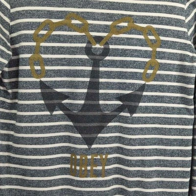 Obey Striped Pullover Womens Small Boat Neck French Terry Heart Anchor Graphic - Image 1 of 4