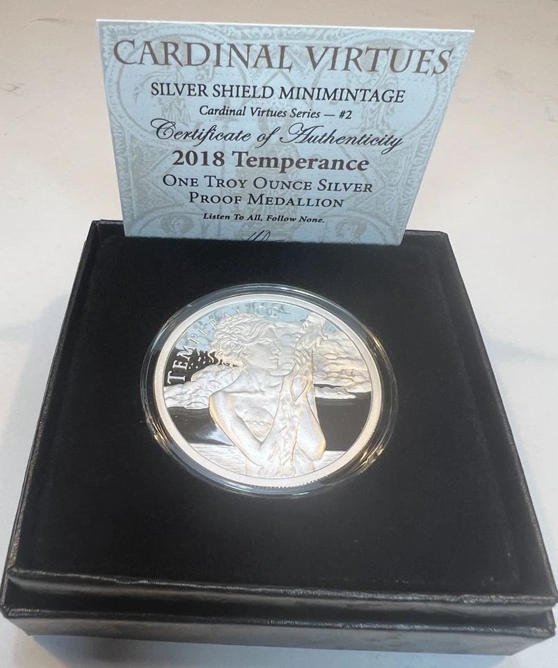 2018 Temperance Silver Shield 1oz Proof Cardinal Virtues #2 w/COA - Image 1 of 2