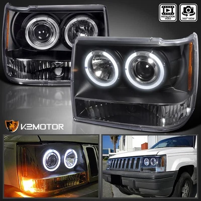 Black Fits 1993-1996 Jeep Grand Cherokee LED Halo Projector Headlights Lamp L+R - Image 1 of 4