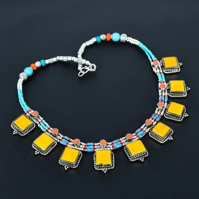 Yellow Coral Turquoise 925 Sterling Silver Tibetan Ethnic Nepali Necklace 18" i5 - Image 1 of 4