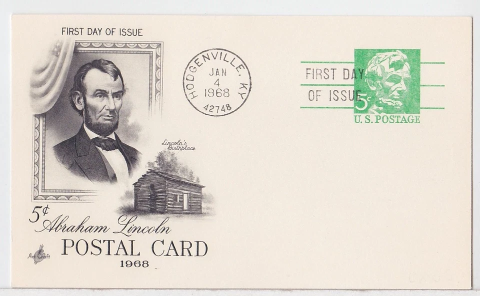 TurtlesTradingPost- Abraham Lincoln Postal Card #UX55  1968 FDC Artcraft Cachet - Image 1 of 1