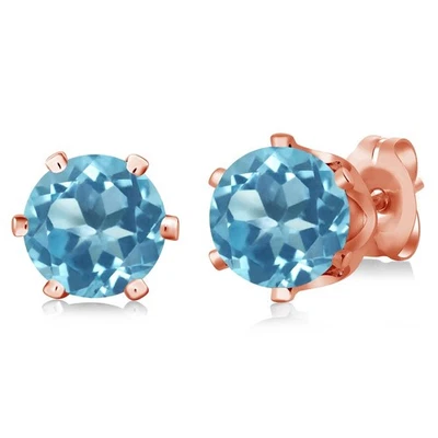 2.00 Ct Round Swiss Blue Topaz Gold Plated 6-prong Stud Earrings 6mm - Image 1 of 3