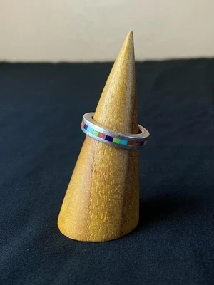 Vintage Native American 925 Multicolor Inlay Band Ring Size 7.5 Signed "PA" - Image 1 of 4