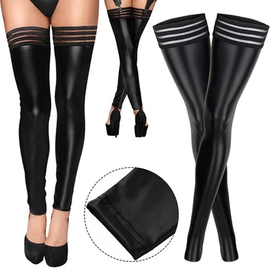 Damen-Sexy hohe Strümpfe ohne Fuß·PU-Leder Wetlook Overknee Socken Clubwear - Bild 1 von 4