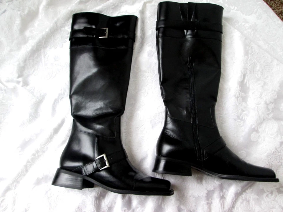 DANELLE Sz 6.5M Black LEATHER  Buckle Knee Vamp Inner Side Zipper KNEE BOOTS NEW - Image 1 of 4