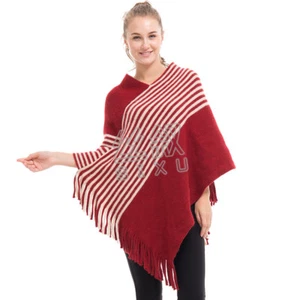 Lady Poncho Stole Cape Shrug Wrap Shawl Jacket Jumper Sweater Tassel Stripe 8-18 - Picture 1 of 18