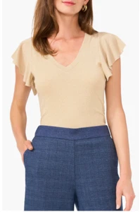 VINCE CAMUTO Top Womens Size L Gold Metallic Knit Flutter Sleeve V-Neck NWT - Picture 1 of 6