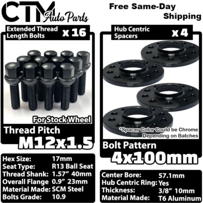 4x 10mm Thick 4x100 57.1mm CB Wheel Spacers Black 12x1.5 Ball Bolts Fit VW Audi - Image 1 of 4