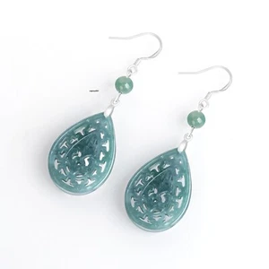 Real 925 Sterling Silver Natural A Grade Jade Jadeite Carved Hollow Earrings - Picture 1 of 6