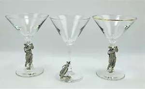 Set Of 3 Martini Cocktail Glasses Bar Ware Barware w/ Pewter Standing Golfer - Picture 1 of 10