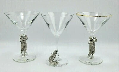 Juego de 3 copas de cóctel Martini artículos de bar vajilla con peltre golfista de pie Foto 1 de 4