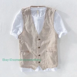 Vintage Men's Summer Casual Cotton Linen Breathable Stripe Vest Waistcoat Coat - Picture 1 of 16