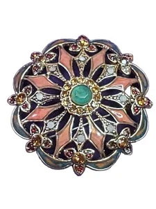 Monet Orange Enamel Amber Green Rhinestones Round Brooch Pin Vintage Estate - Picture 1 of 10