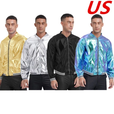 Mens Metallic Jacket Shiny Bomber Jackets Christmas Party Varsity Jacket - Image 1 of 4