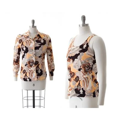 Vintage 1970s Set 70s Psychedelic Novelty Print Lady Floral Blouse Tank Top - Image 1 of 4
