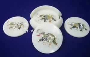 Marmor Tee Untersetzer Set Elefanten Design Inlay Arbeit Kaffee 11.4cm - Bild 1 von 4