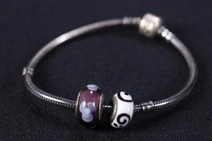 Pandora .925 Sterling Silver Bracelet & 2 Pandora Glass Beads Charms - Picture 1 of 23