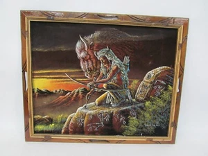 VTG Black Velvet Retro Mexico Painting Sanchez Native American Buffalo Hunter - Picture 1 of 3