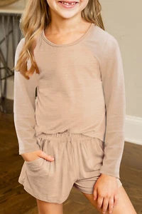 Long Sleeve Pullover and Shorts Girls "M" "L" Apricot Little Girls Casual - Picture 1 of 3