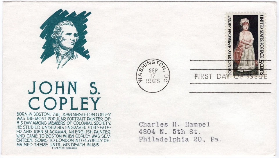 1965 FDC 1273 American Artist John Singleton Copley, C. S. Anderson green cachet - Image 1 of 1