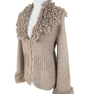 Vintage Magaschoni Sz M Chunky Wool Cashmere Knit Fringe Cardigan Sweater Beige - Picture 1 of 13