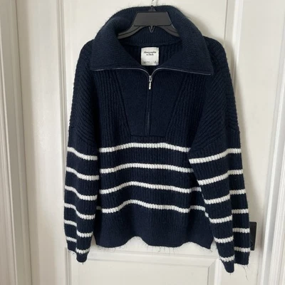 Abercrombie Fitch Sweater Women’s XL Navy Blue 1/4 Zip Striped Pullover Nautical - Image 1 of 4