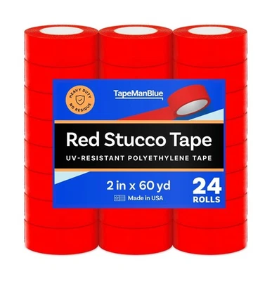 TAPEMANBLUE Red Stucco Tape, Case of 24 Rolls, 2 Inch x 60 Yards, UV Resistant Polyethyle...