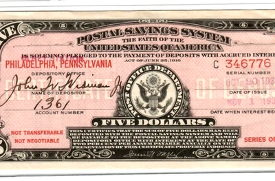 $5 RARE! (PHILADELPHIA) POSTAL SAVINGS (1917 SERIES) $5 "PENNSYLVANIA" 1917 !!!! - Image 1 of 3