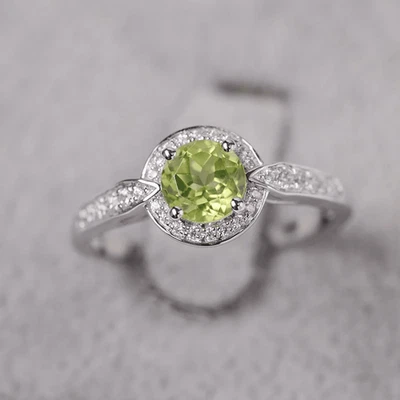 925 Sterling Silver Peridot Halo Ring Natural Round Gemstone Solitaire Ring - Image 1 of 4