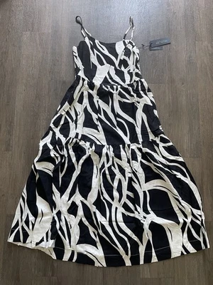 NWT Rachel Zoe Black & White Midi Dress Linen Blend With Pockets Size L - Image 1 of 4