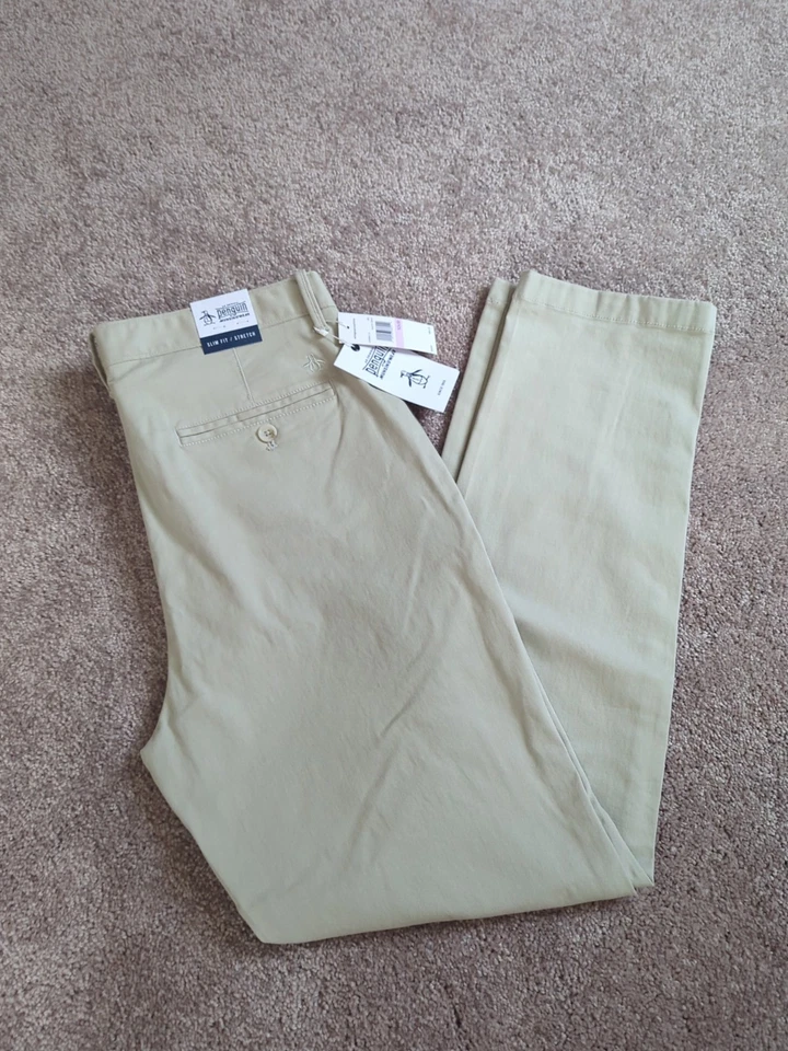 Pantalones chinos ajustados rectos/elásticos Penguin para hombre 32x30 Foto 1 de 4