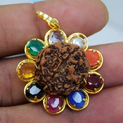 9 Planet Healing Navratna Gemstones & 5 Faces Rudraksha – Handmade Pendant - Image 1 of 3
