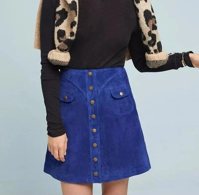 NUEVO CON ETIQUETAS Falda Anthropologie Gamuza Cuero Mujer Talla 4 Azul Botón a Presión Delantero $148 Foto 1 de 4