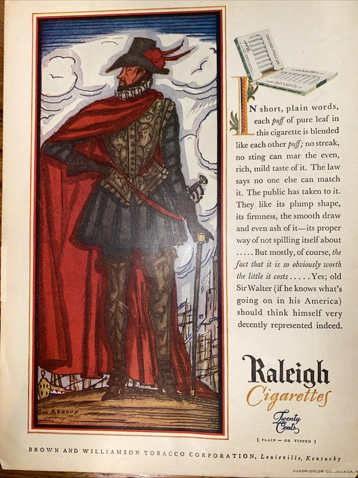 Antiguo anuncio de tabaco de cigarrillo 1929 Sir Walter Raleigh Soldier Explorer Kentucky Foto 1 de 4